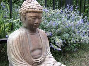 Buddha sculpture sitting in garden